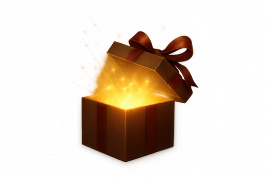 Gift box opening with glowing light and sparkling magic, revealing a surprise or unexpected present concept on transparent background