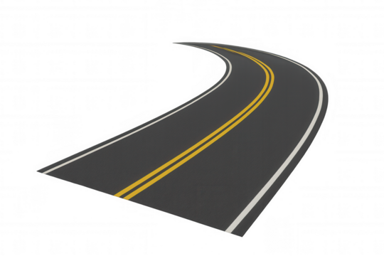 Winding asphalt road with double yellow lines on transparent background, symbolizing journey, travel, and future path