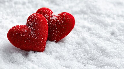 Red Heart Plush Toys Covered in Snow in Winter Scene