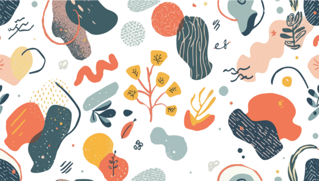 Vibrant pattern illustration in flat design style, featuring a mix of geometric shapes and swirling lines, with a pastel color palette and bold accents PNG Transparent  - Powered by Adobe