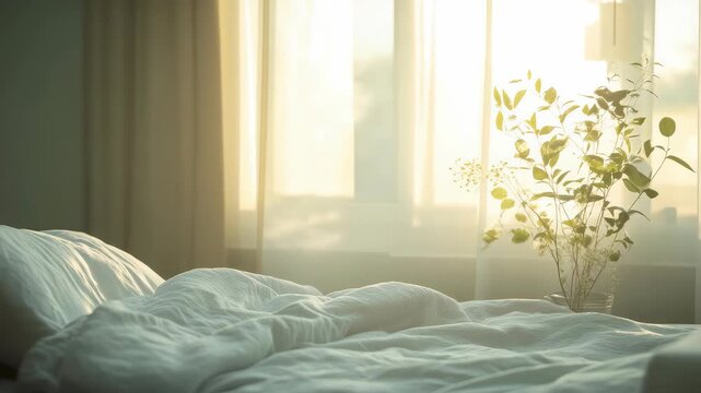 Cozy bedroom with sunlight filtering through curtains, green plant on nightstand