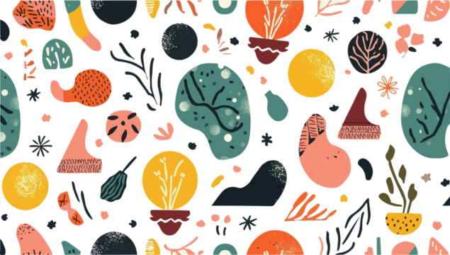 Vibrant pattern illustration in flat design style, featuring a mix of geometric shapes and swirling lines, with a pastel color palette and bold accents PNG Transparent 