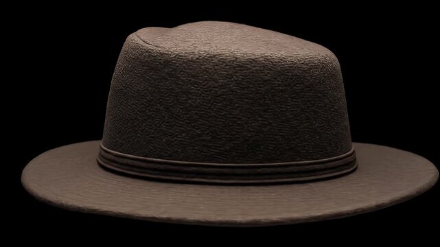 Brown textured fedora hat on a black background with dramatic lighting.