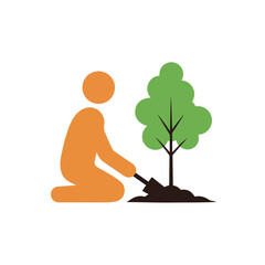 Stylized orange figure planting a green tree with a shovel icon.