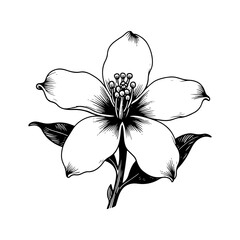 Detailed Pen and Ink Drawing of a Blooming Jasmine Flower