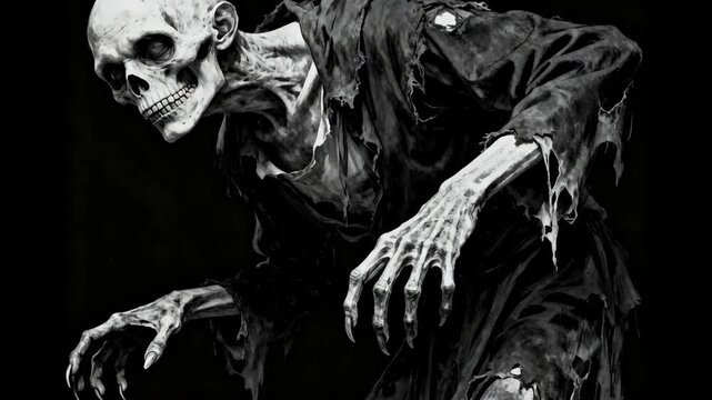 Creepy skeletal figure in torn garments emerging from the darkness