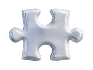 A single jigsaw puzzle piece with a smooth, highly reflective white/silver metallic finish, featuring soft, rounded edges and a plump, inflated appearance.