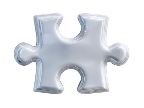 A single jigsaw puzzle piece with a smooth, highly reflective white/silver metallic finish, featuring soft, rounded edges and a plump, inflated appearance.