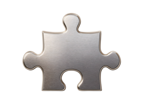 A single jigsaw puzzle piece with a highly reflective silver/chrome metallic finish and a brushed texture on the central surface.