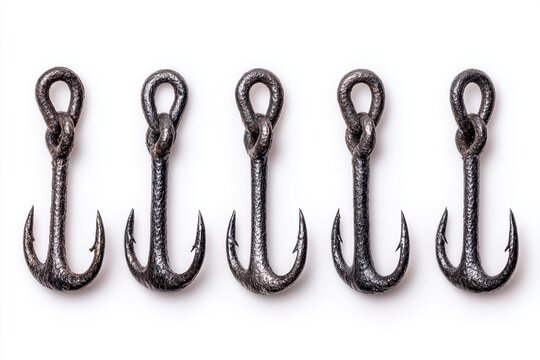 Row of Metal Fish Hooks on White Background with Shadows