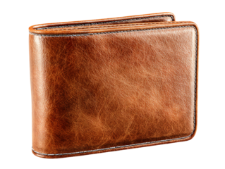 A classic bifold leather wallet in a rich, textured brown/cognac color, featuring prominent white contrast stitching around the edges.