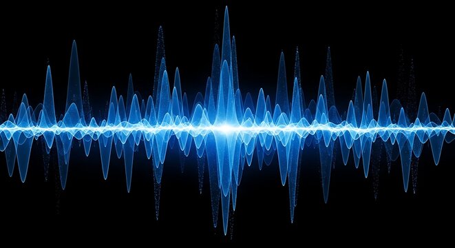 Digital Sound Wave Vibrant Blue Audio Spectrum on Black Background.