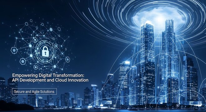 Digital transformation concept API security with cloud innovation  smart city, and blue bokeh.