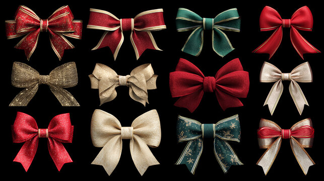 Colorful decorative bows in various styles arranged neatly
