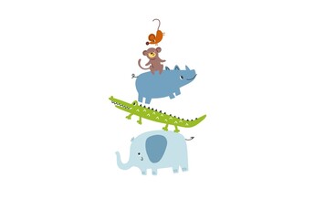 A playful illustration featuring a stacked group of animals: a monkey on a rhino, a crocodile underneath, and an elephant at the bottom, creating a fun and whimsical design.