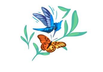 A colorful illustration of a hummingbird flying near a butterfly, surrounded by green leaves. The vibrant design symbolizes nature, wildlife, and the harmony between different species.