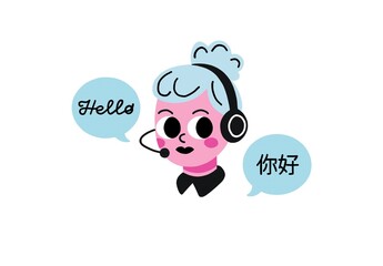 A cute illustration of a cartoon character wearing a headset and greeting with a speech bubble saying “Hello” and “你好”, representing multilingual communication and customer service.