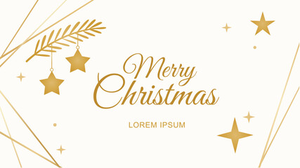 Golden Christmas stars hanging from pine branch with "Merry Christmas" lettering on white background. Geometric decorative lines and sparkles. Holiday greeting card template. Christmas celebration.