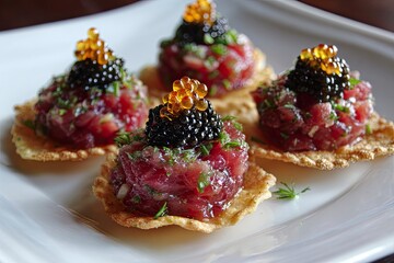 Elegant Tuna Tartare Appetizers with Caviar and Herb Garnish on White Plate