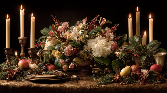 Floral arrangement with candlelight for a festive dinner