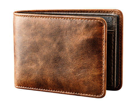 A well-worn bifold leather wallet in a rich, distressed brown/rust color with a highly visible natural grain, shown slightly open to reveal a darker interior.