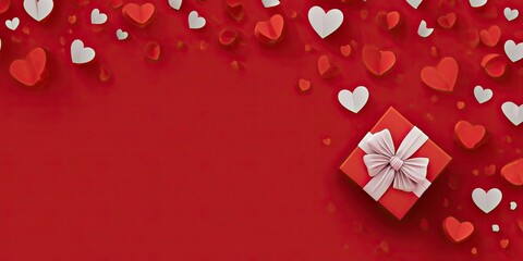 Romantic Red Gift Box with White Ribbon and Hearts on Red Background