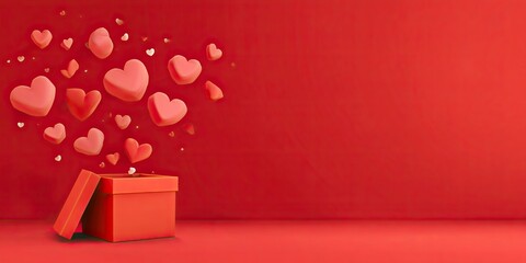 Open Heart-shaped Gift Box with Floating Pink Hearts on Red Background