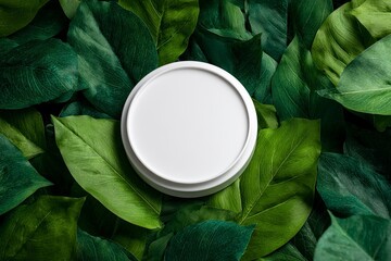 White Circular Cosmetic Container on Green Leaf Background Natural Skincare Packaging