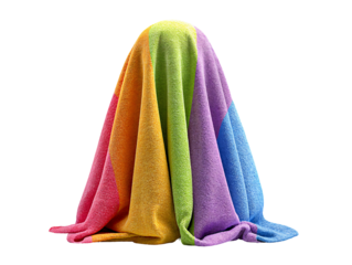 A large terry cloth towel draped over an unseen conical object, featuring bold vertical stripes in rainbow/LGBTQ+ colors.
