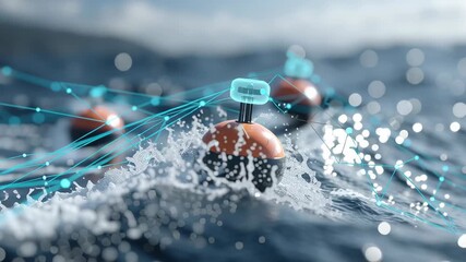 An array of buoys disturbed by waves in a body of water, showcasing splashes and a digital network overlay. - Powered by Adobe