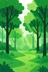 Lush Green Forest Path Illustration with Sunlight Streaming Through Trees for Nature and Adventure Themes a serene winding trail