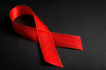 Red Awareness Ribbon on Black Background Symbolizing Support and Solidarity for Health Causes