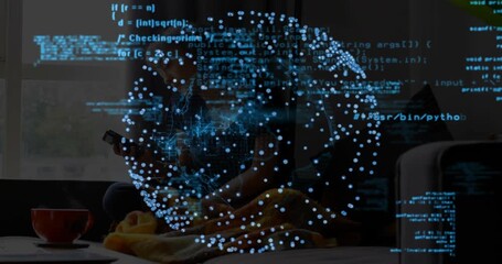 woman sitting sofa rotating sphere projection reaching smartphone and interacting scrolling code - Powered by Adobe