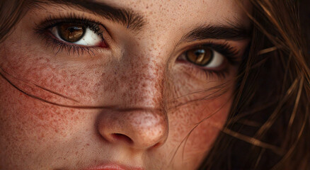 Radiant Gaze: A captivating portrait of a woman's face, where expressive eyes meet the camera. Her radiant skin is adorned with delicate freckles, evoking a sense of natural beauty and unique charm.