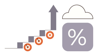 Steps with targets leading to an upward arrow, cloud with percentage symbol. Ideal for business growth, success, data analysis, progress tracking, goal setting, performance statistics. Simple flat