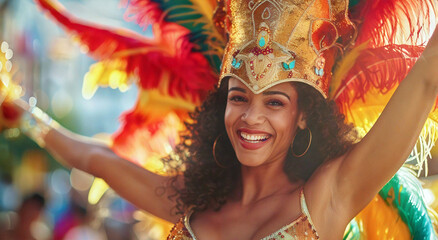 Fototapeta premium Radiant Samba Dancer: A vibrant, smiling woman embodies the spirit of a lively festival, adorned in a dazzling costume, her arms outstretched in a gesture of pure joy.