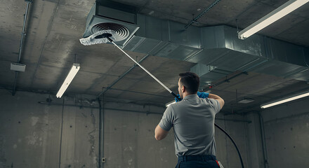 Professional worker cleaning industrial air duct system with specialized equipment for ventilation maintenance and improved air quality