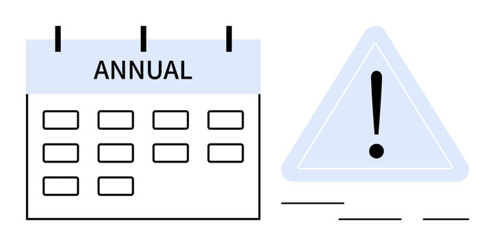 Annual calendar grid alongside exclamation mark in warning triangle signifies urgency, schedules, or critical deadlines. Ideal for planning, reminders, priorities, accountability, events, management