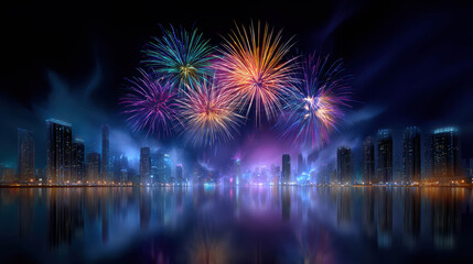 Fototapeta premium Colorful Skyline with Glowing Lights and Fireworks Display Reflecting on Water at Night with Thousands of Vibrant Colors in a Stunning Urban Scene