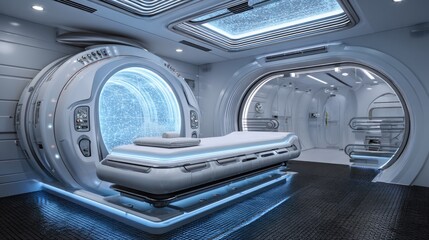 Obraz premium Aging therapy chamber with rejuvenating light beams and futuristic design