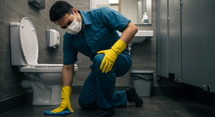 Professional cleaner sanitizing public restroom floor with protective gear, emphasizing hygiene and safety protocols