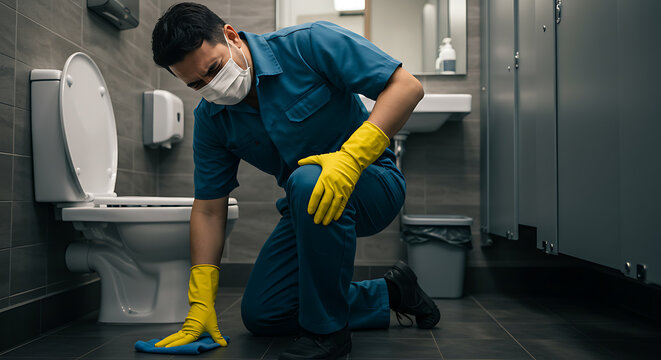 Professional cleaner sanitizing public restroom floor with protective gear, emphasizing hygiene and safety protocols - Powered by Adobe
