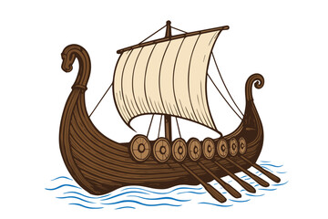 Vector depiction of an ancient Viking vessel, designed with wooden textures, shields, and sail, capturing the spirit of classic Nordic adventure voyages.