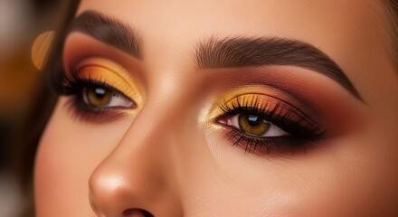 Fototapeta premium Dramatic Eye Makeup Closeup Sunset Colors with Defined Brows, and Beauty Look.