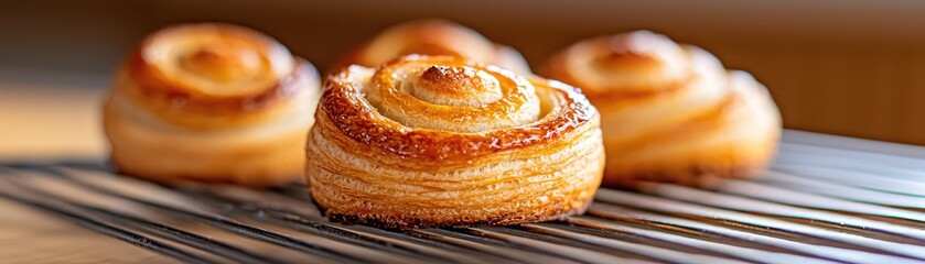 Close up of three golden-brown pastries on a cooling rack.