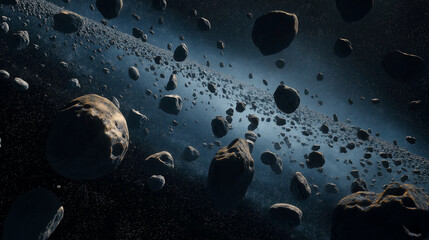 어두운 우주공간 속의 소행성대, 초현실적 일러스트-Asteroid belt in the dark of space, a surreal illustration