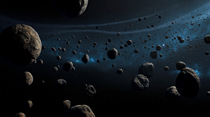 우주공간의 소행성대를 보여주는 초현실적 일러스트-A surreal illustration showing the asteroid belt in outer space