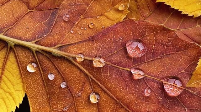 Close up of autumn leaves with water droplets showing intricate leaf vein patterns in detail view nature texture background video