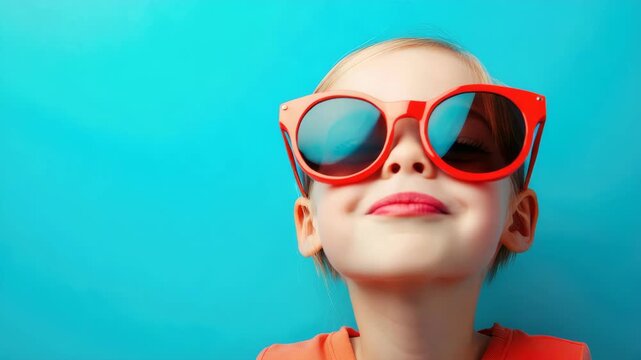 Caucasian girl with red sunglasses, orange shirt, blue background, playful expression, and pouting lips