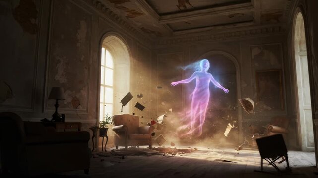 Ethereal spirit woman materializing in dusty haunted room, causing old furniture to explode in supernatural horror animation footage.